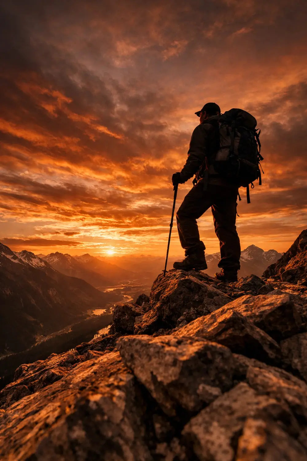 Hiker standing on a rocky mountain ridge at sunset reflecting on a faith-fueled outdoor adventure.