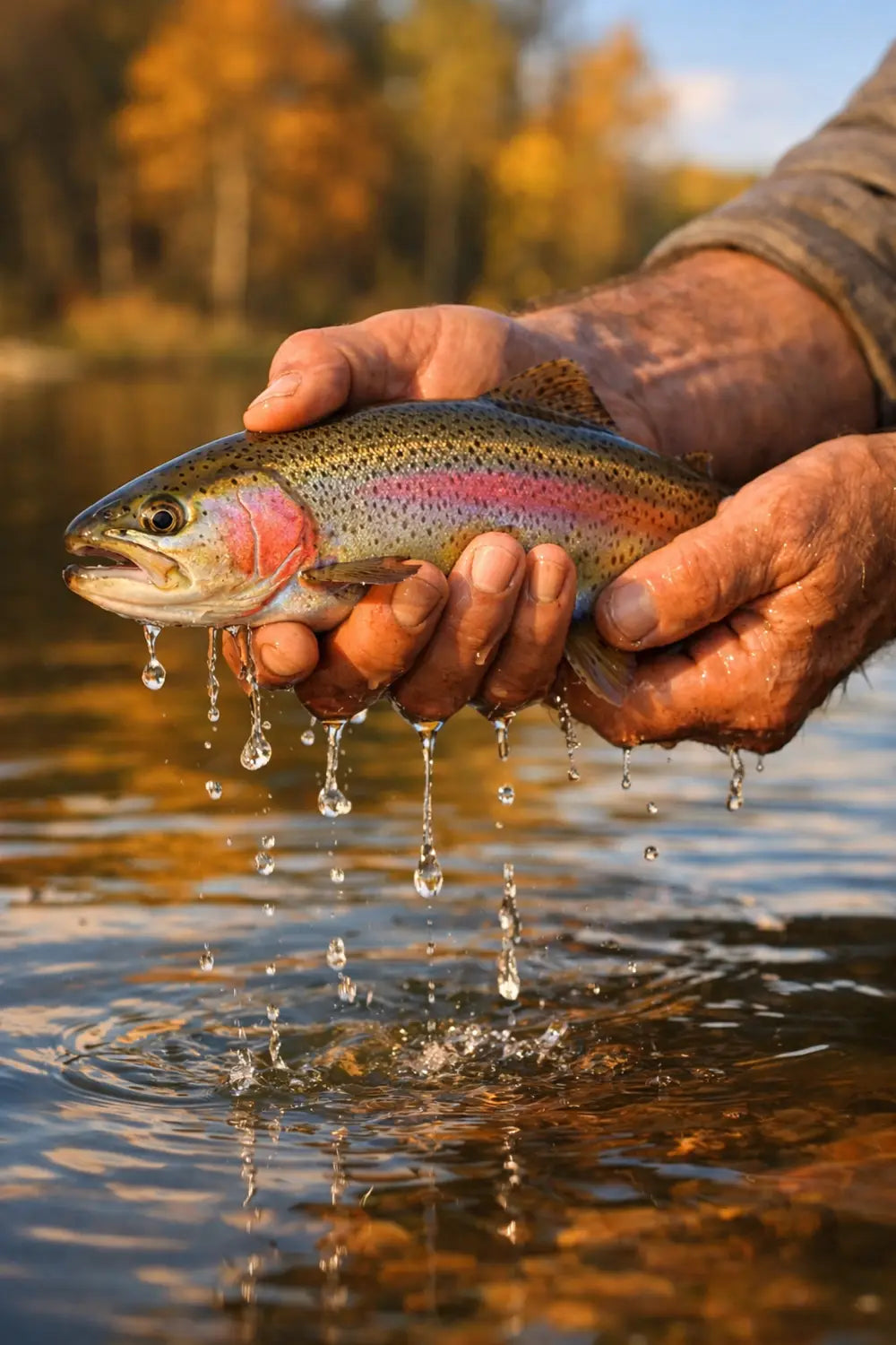 Fisherman's hands holding freshly caught fish above water representing God's provision