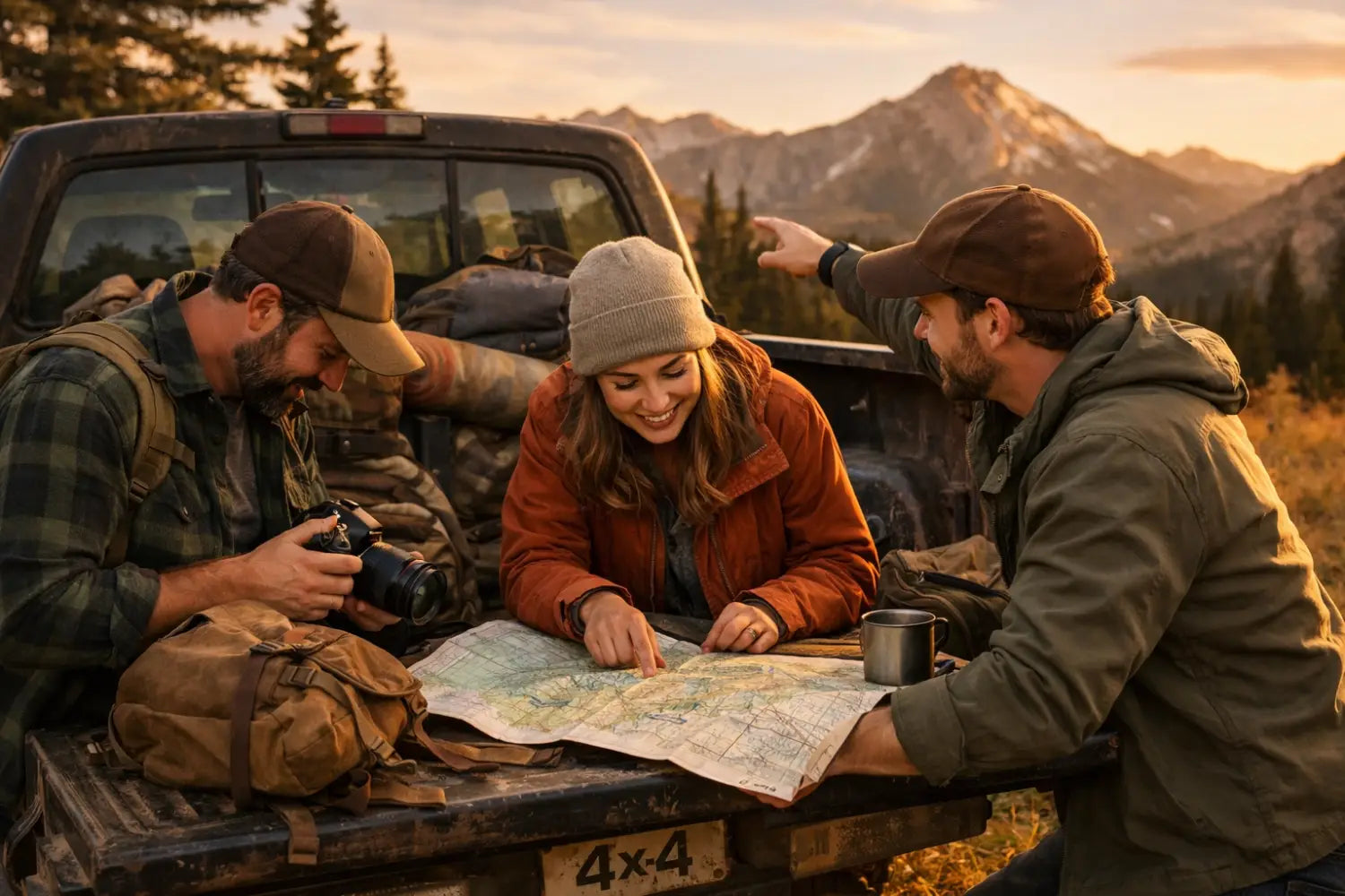 Friends checking gear and a map near a truck in a mountain meadow, building a community of faith and freedom.