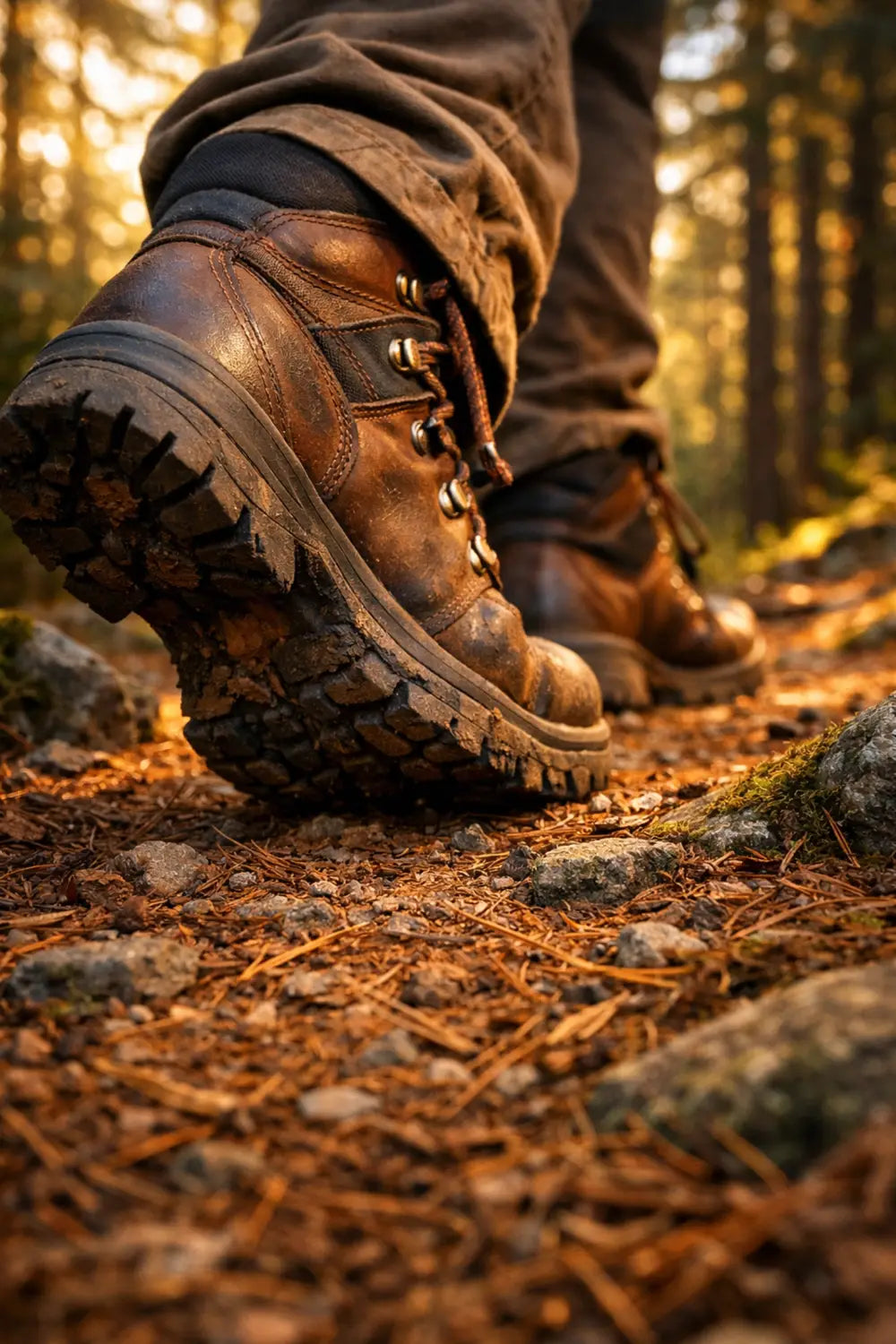 Rugged hiking boots on a forest trail at sunset, symbolizing a purposeful spiritual journey in nature.