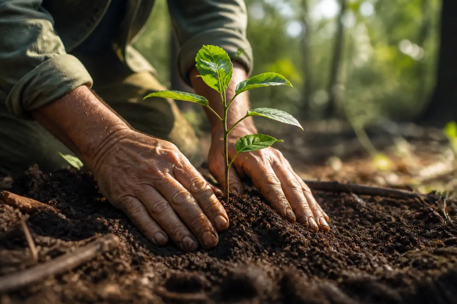 Christian outdoorsman planting a sapling to show responsible stewardship and land conservation.