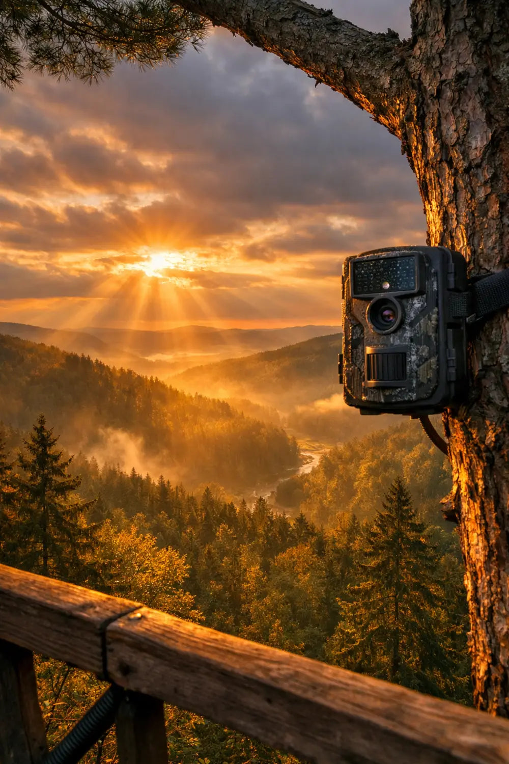 Sunrise view from hunting tree stand overlooking forest valley with trail camera