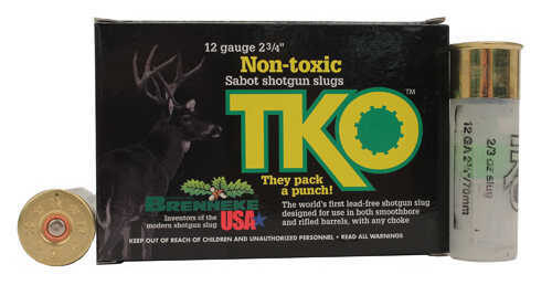 A box of Brenneke 12 Gauge 5 Rounds Ammunition, 2-3/4 2/3 oz Sabot Slug #Sabot, is shown with two non-toxic shotgun slugs—one upright, one lying down—displayed next to the box.