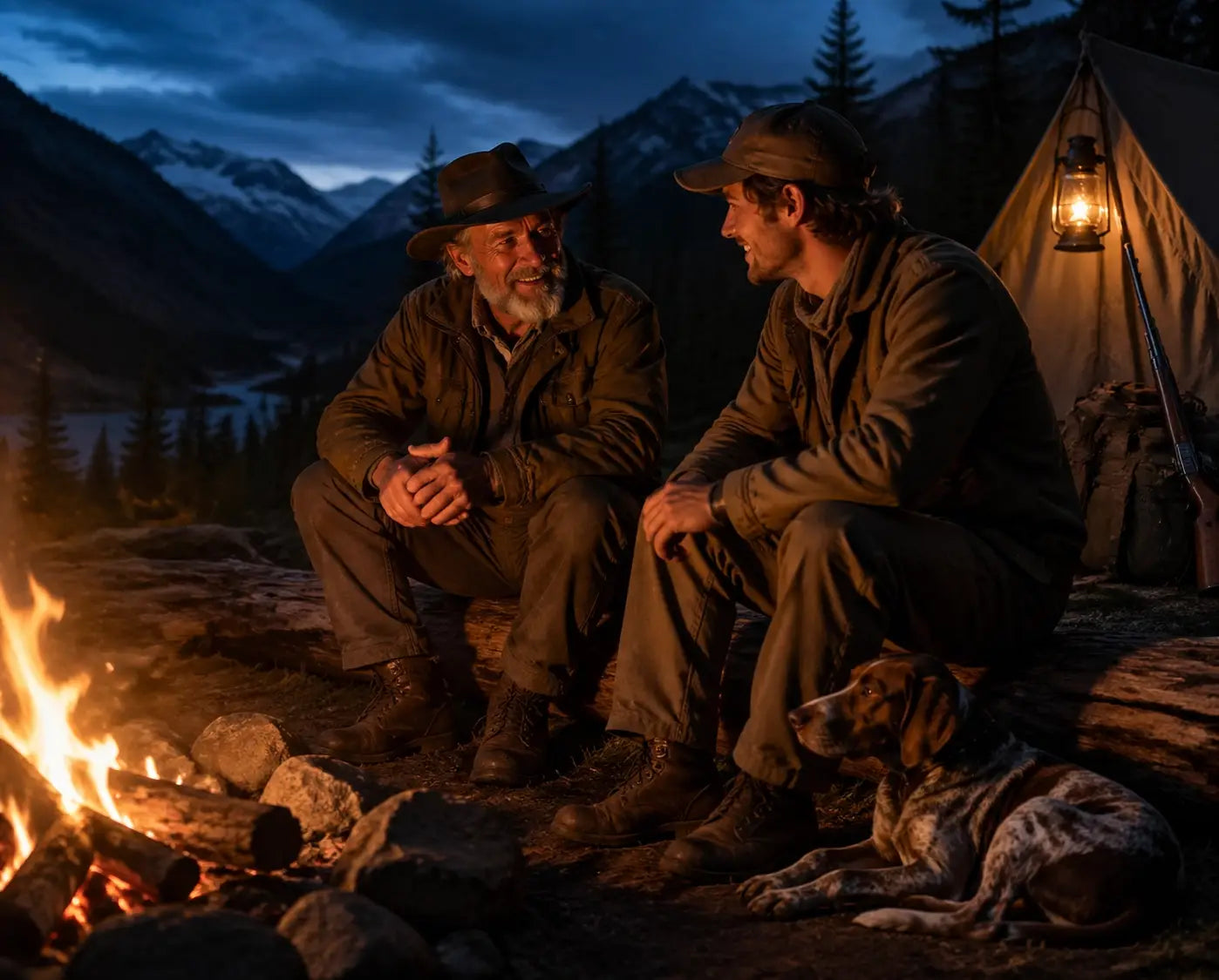 Mentorship and fellowship around a campfire, reflecting Christian values in the great outdoors.