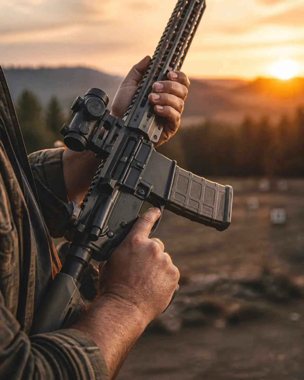 A close-up of hands holding a modern rifle with Magpul furniture at an outdoor range during the golden hour.