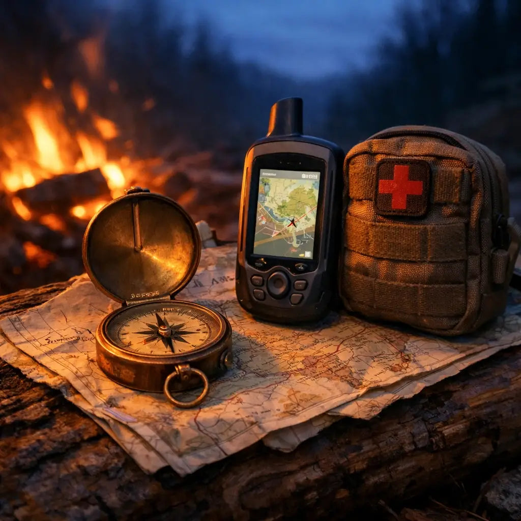 Compass and topo map with GPS and first aid kit by campfire for hunting navigation and safety