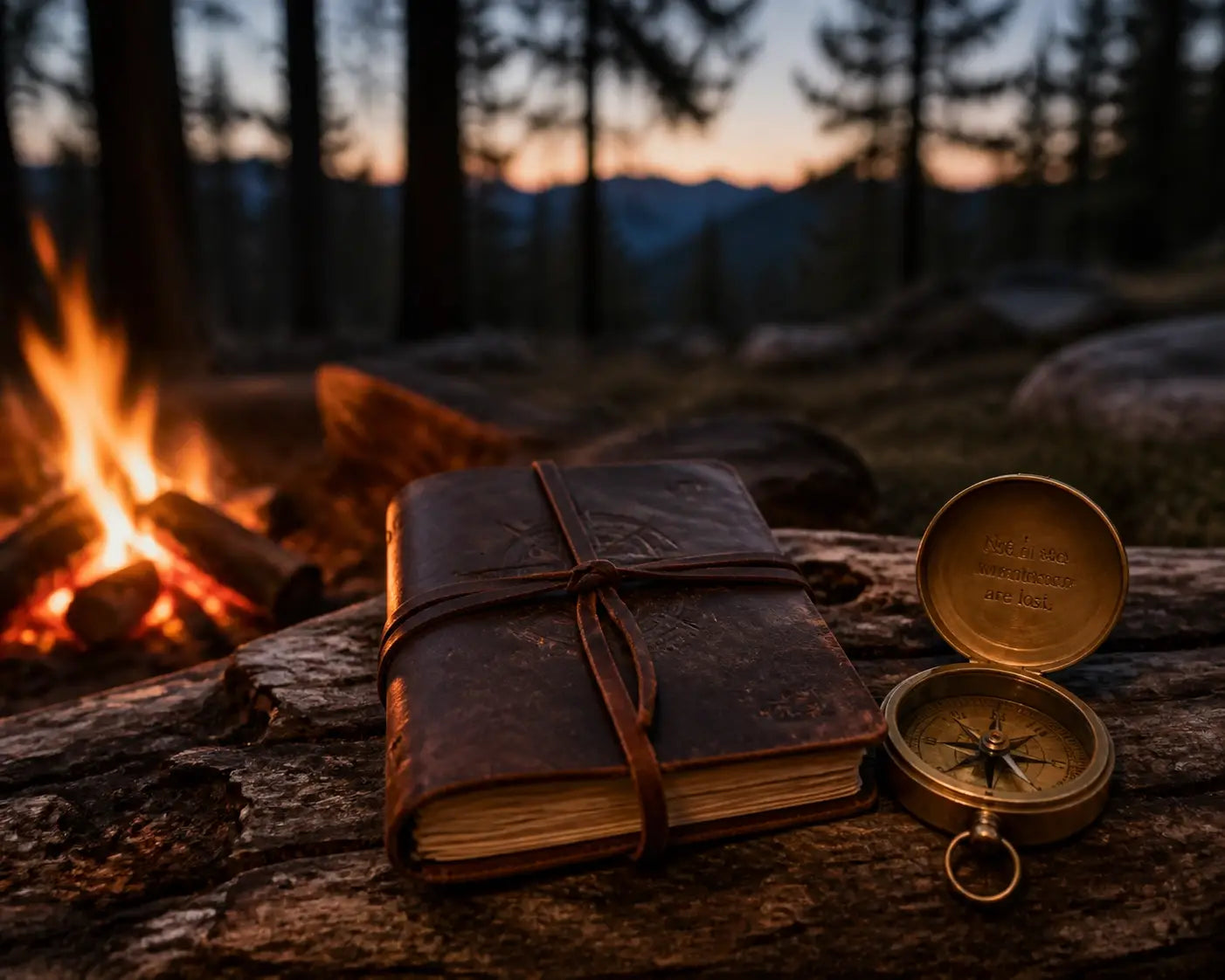 Campfire scene with a leather journal and compass for spiritual reflection in the outdoors.
