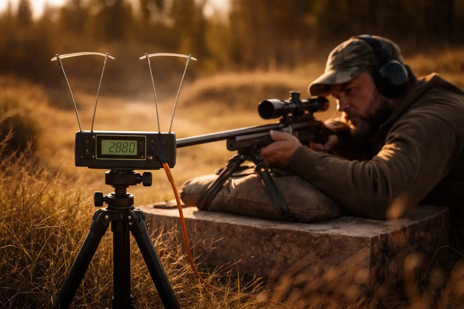 Hunter using chronograph for shooting accuracy at an outdoor range in late afternoon light