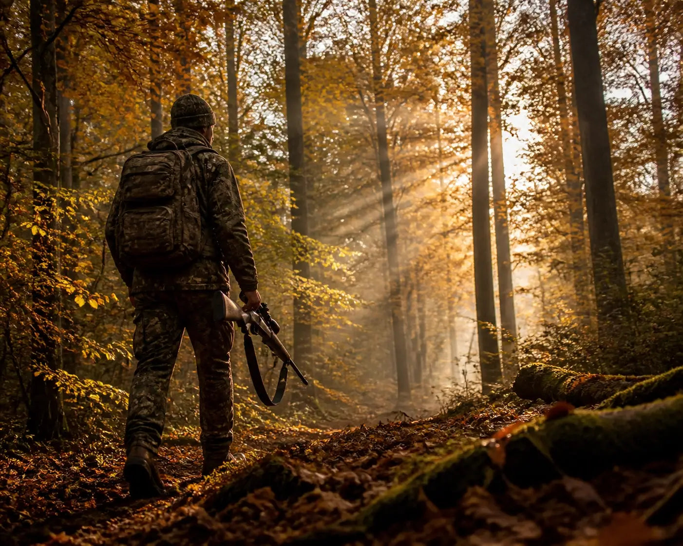 Hunter in camouflage gear walking through an autumn forest, embodying biblical stewardship.