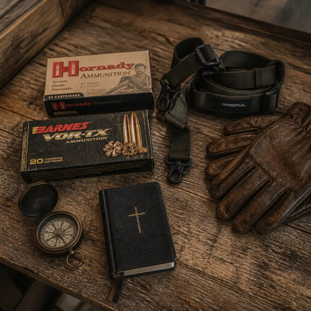 A flat lay of Hornady and Barnes ammunition with a Magpul sling and a Bible, showing the preparation for a faith-filled hunt.