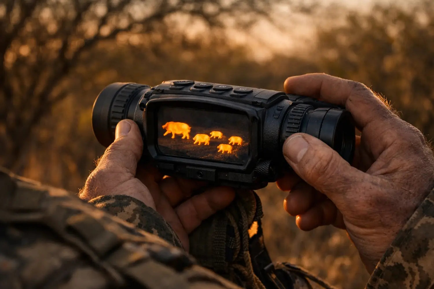 Hunter holding thermal scope displaying hog heat signatures during nighttime hunt
