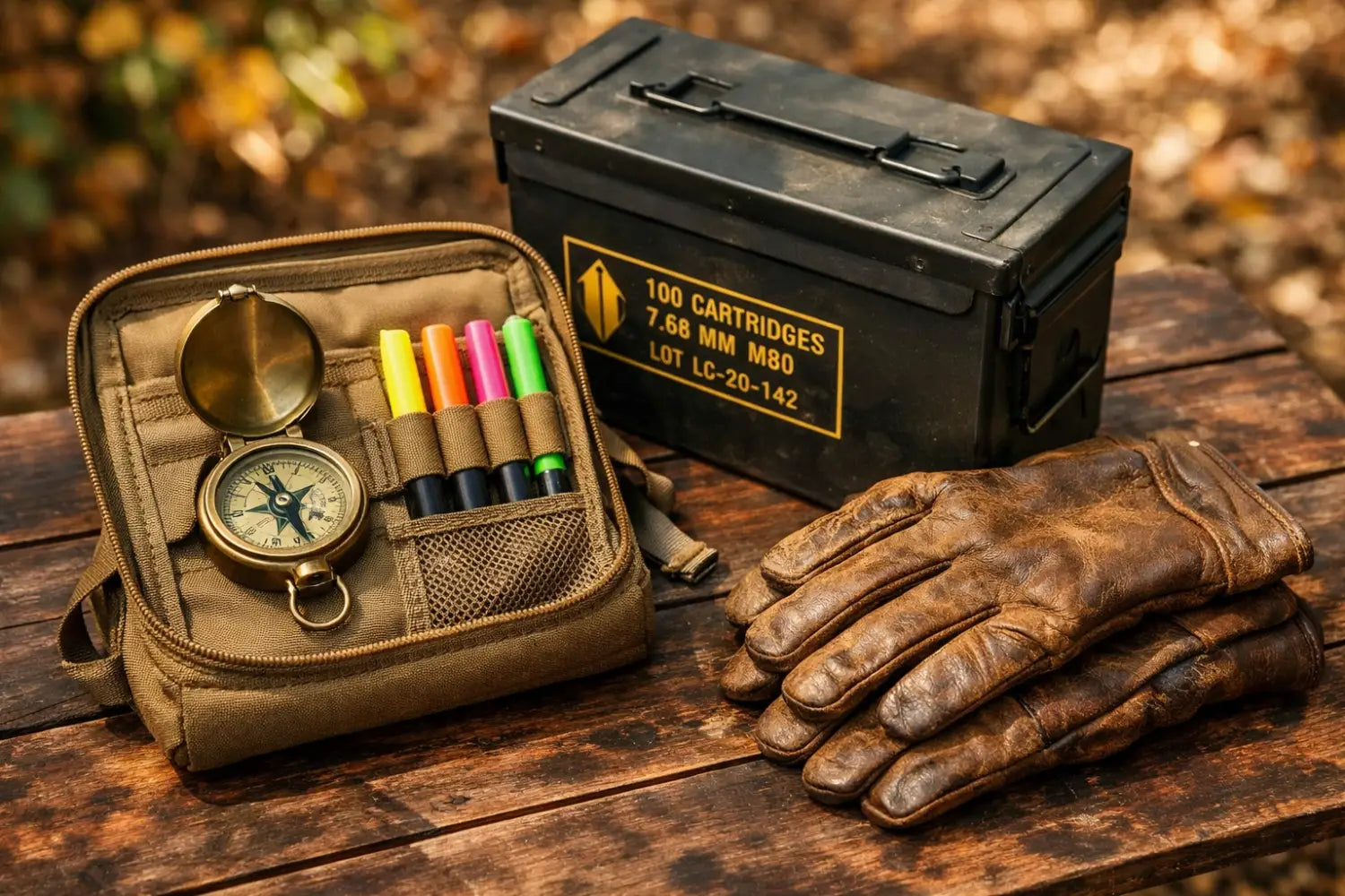 Organized camping gear and tactical accessories on a rustic table for a focused outdoor devotional.