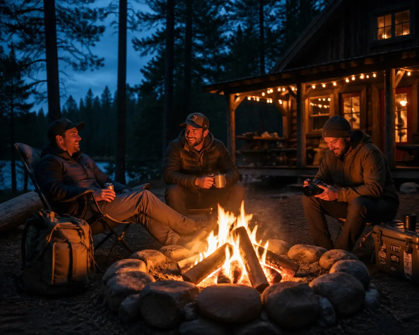 Christian outdoor enthusiasts gathering around a campfire at dusk outside a rustic timber cabin.