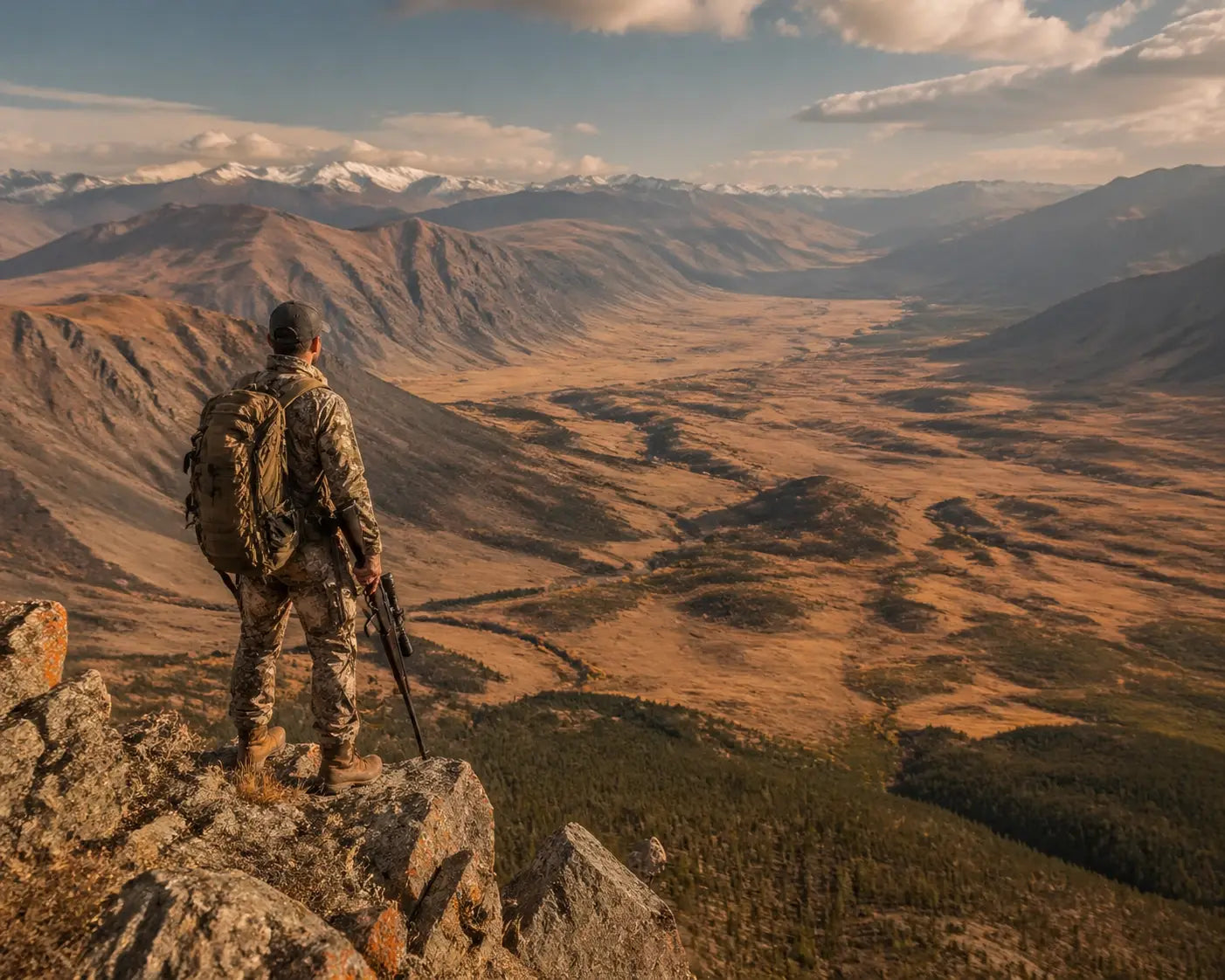 A hunter on a rocky mountain ridge looking out over a wide, sun-drenched valley.