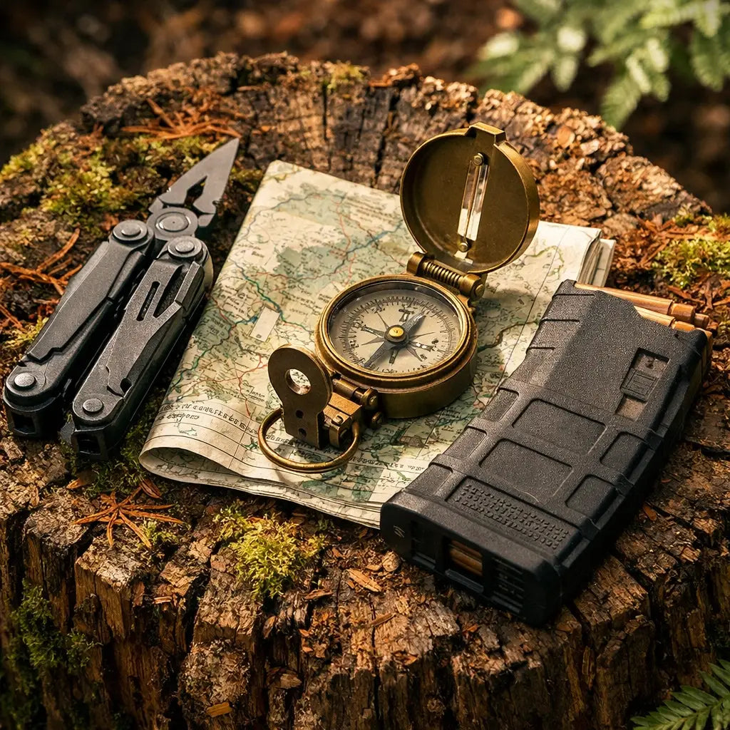 Wilderness navigation gear and firearm accessories like a rifle magazine on a stump for backcountry prep.