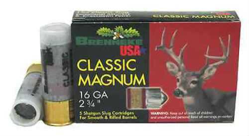 A box of Brenneke Classic Magnum 16 Gauge, 2 3/4 (Per 5) SL-162CLM-1601820 shotgun shells by Brenneke is shown with two shells beside it featuring a deer image; product info and safety warnings are visible, ideal for rifled slug barrels.