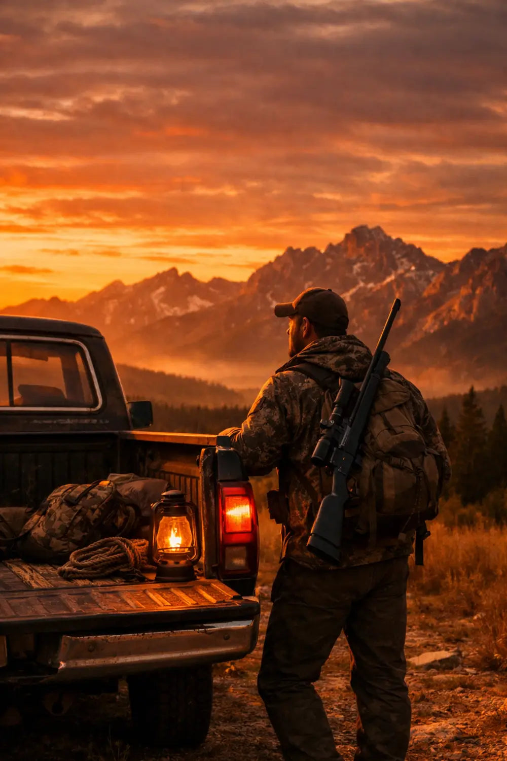 A hunter by his truck watching a sunset over the mountains, experiencing spiritual renewal after a hunting trip.