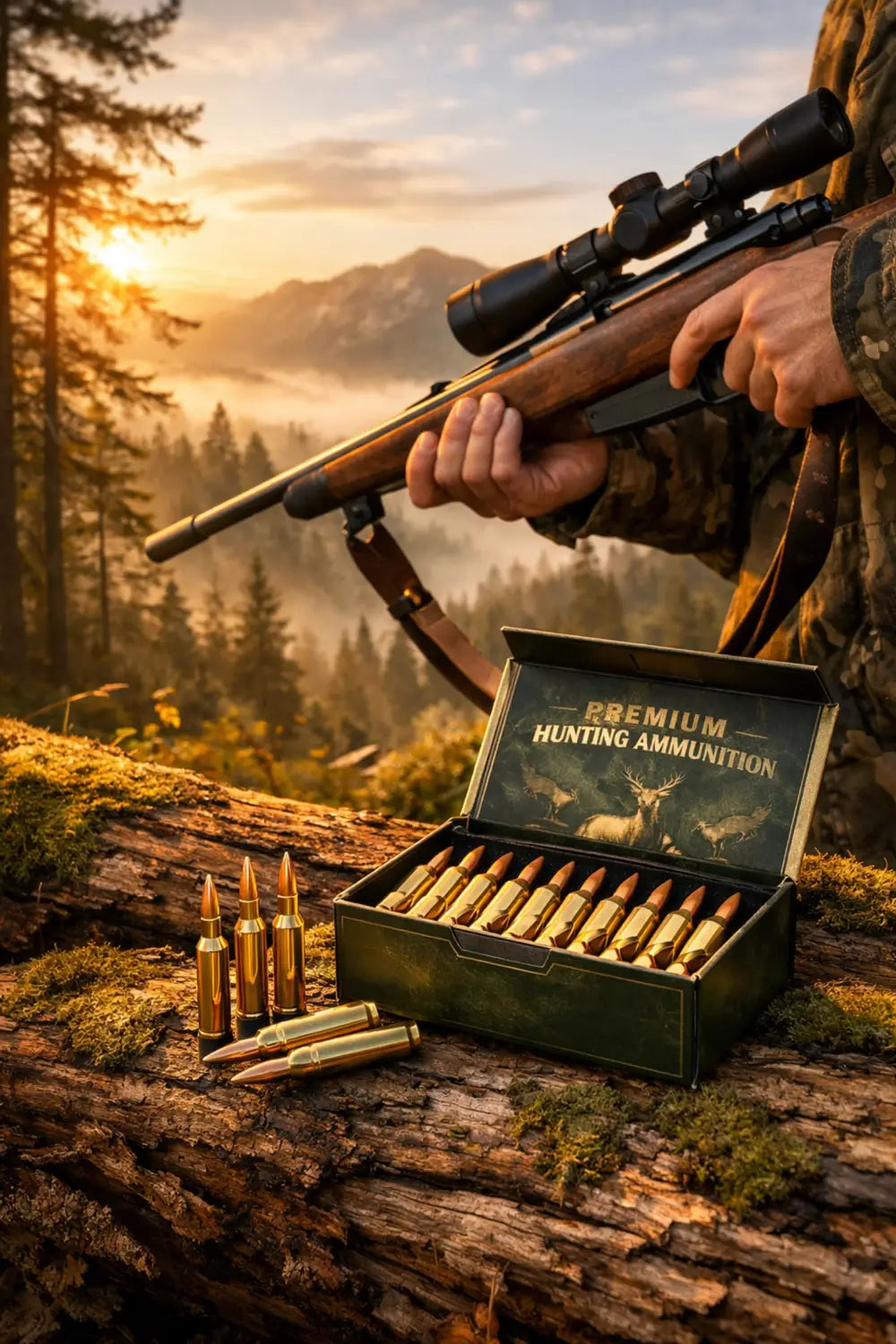 Hunter preparing rifle with premium hunting ammunition in mountain wilderness at dawn