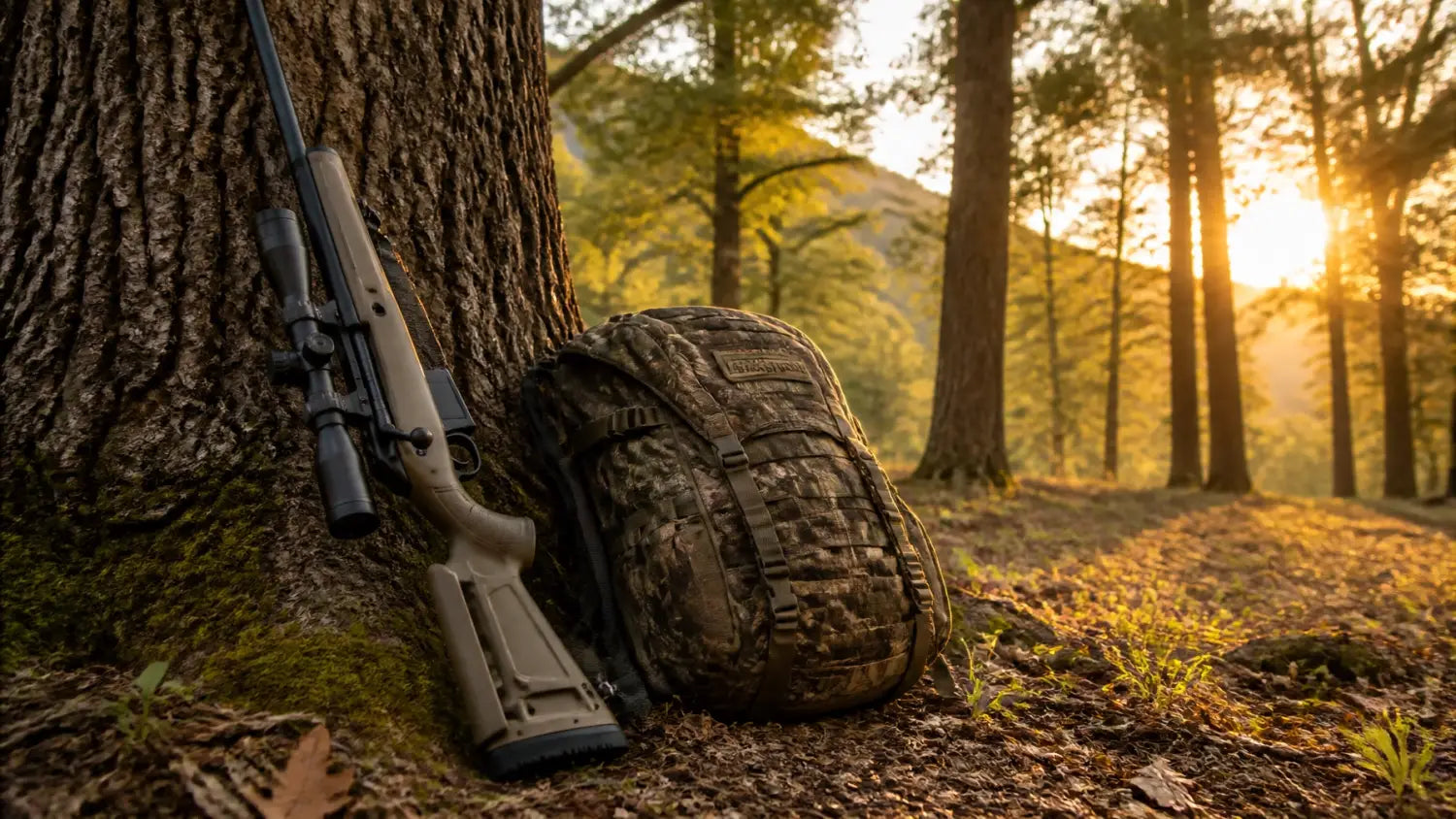 A rifle with Magpul accessories leaning against an oak tree
