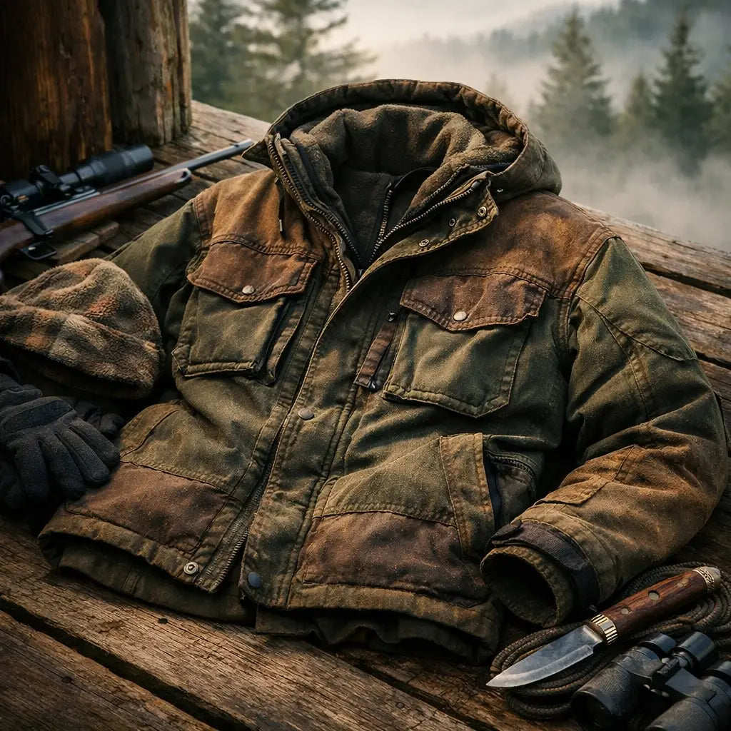 Protective hunting jacket displaying layered outdoor clothing for vital protection