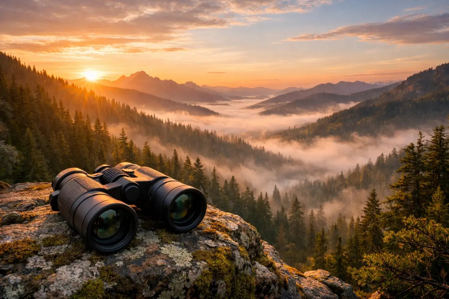 Binoculars on mossy rock overlooking misty mountain valley at dawn for hunting optics and scouting