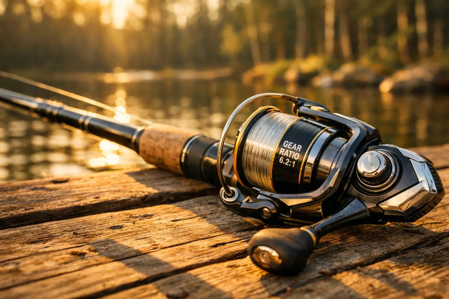 Medium-heavy fishing rod and spinning reel combo on wooden dock at sunrise