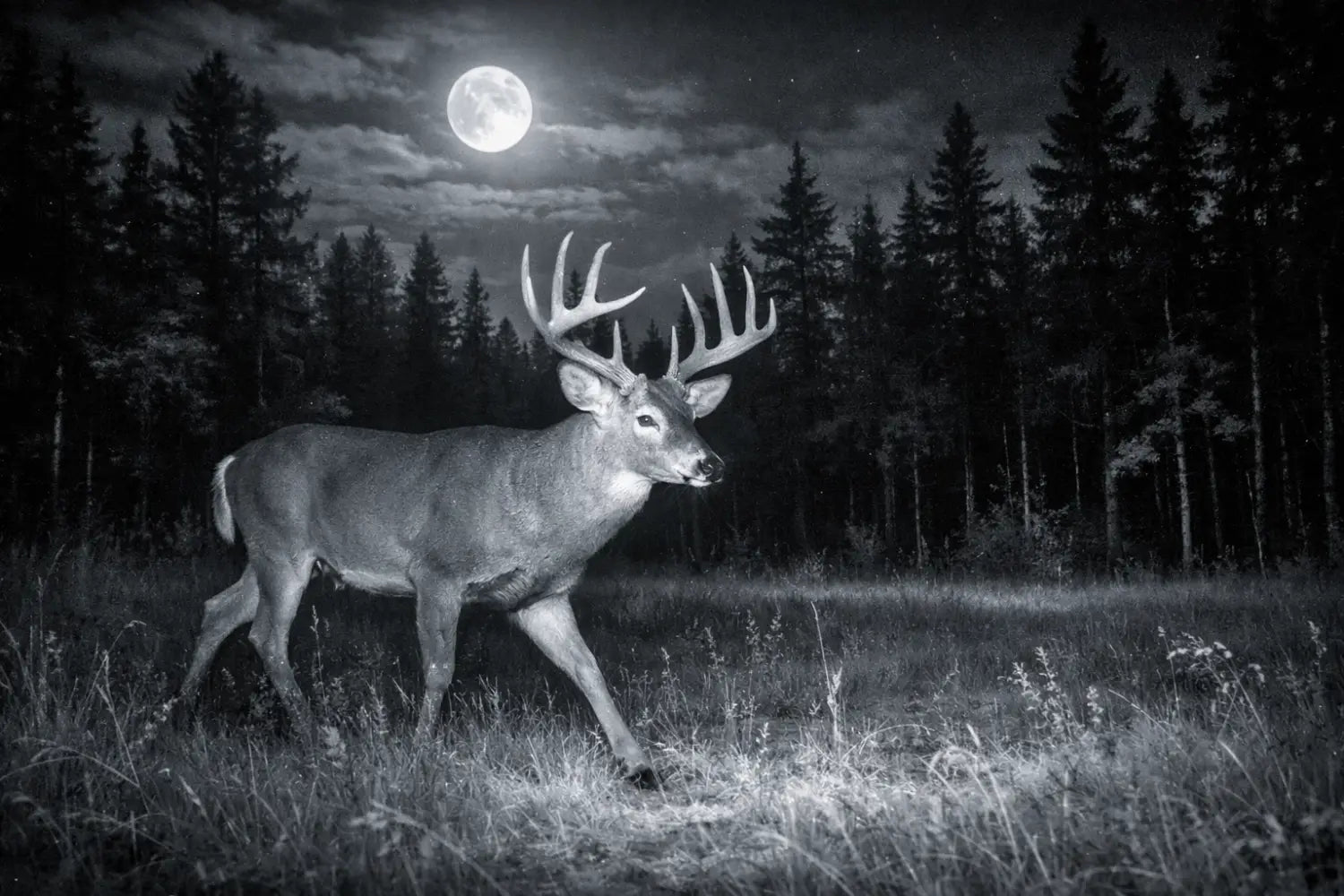 Whitetail buck walking through forest at night captured by trail camera