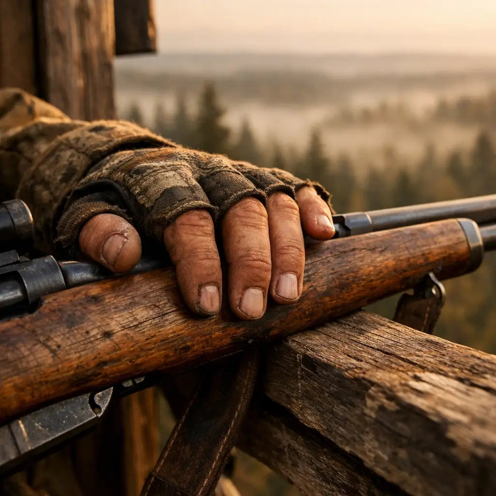 Hunter's hands gripping rifle in tree stand representing preparation and patience while waiting