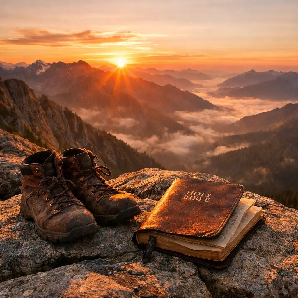 Bible and hiking boots on mountain summit at sunrise reflecting on Psalm 19 and God's creation