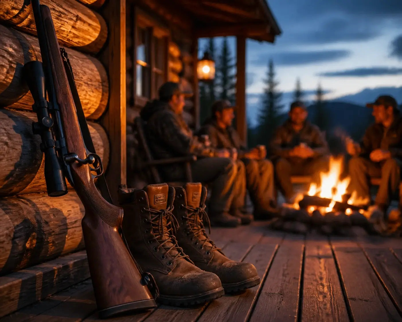 Hunting boots and a rifle on a cabin porch with friends gathered around a campfire for fellowship.