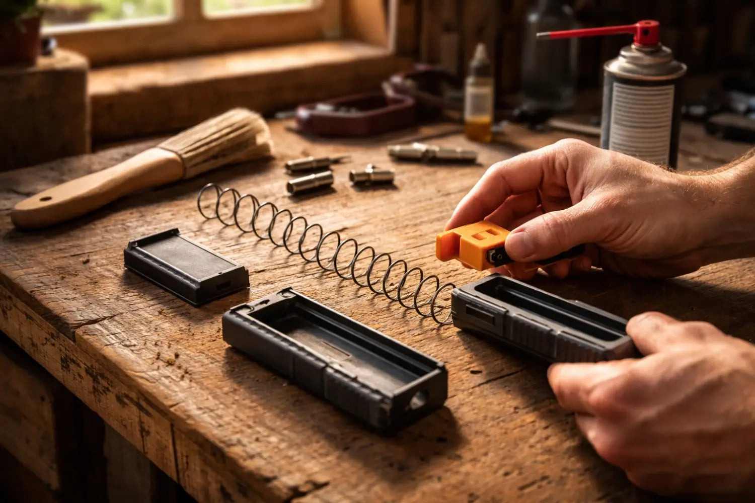 Close-up of hands cleaning and disassembling an AR-15 magazine on a wooden workbench for maintenance