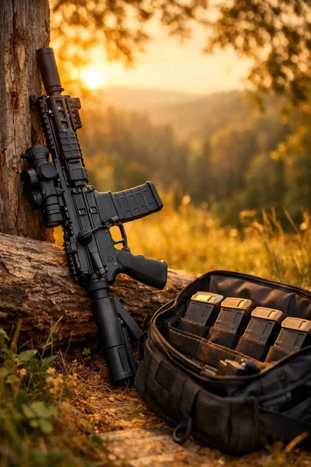 AR-15 rifle with PMAG magazines and dust covers in outdoor setting at sunset