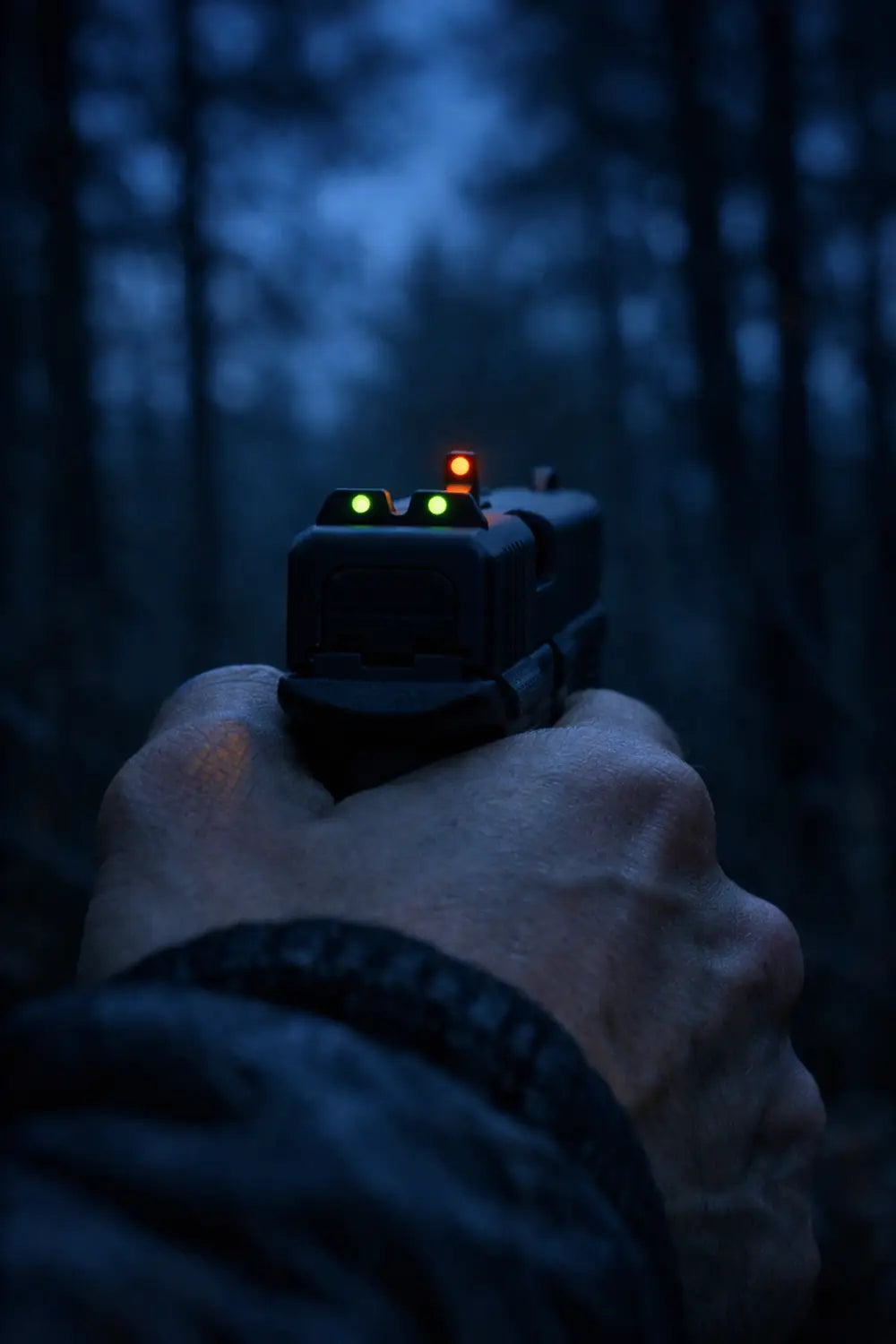 Close-up of glowing tritium night sights on a sidearm for safety and focus during a dusk hunting trip.