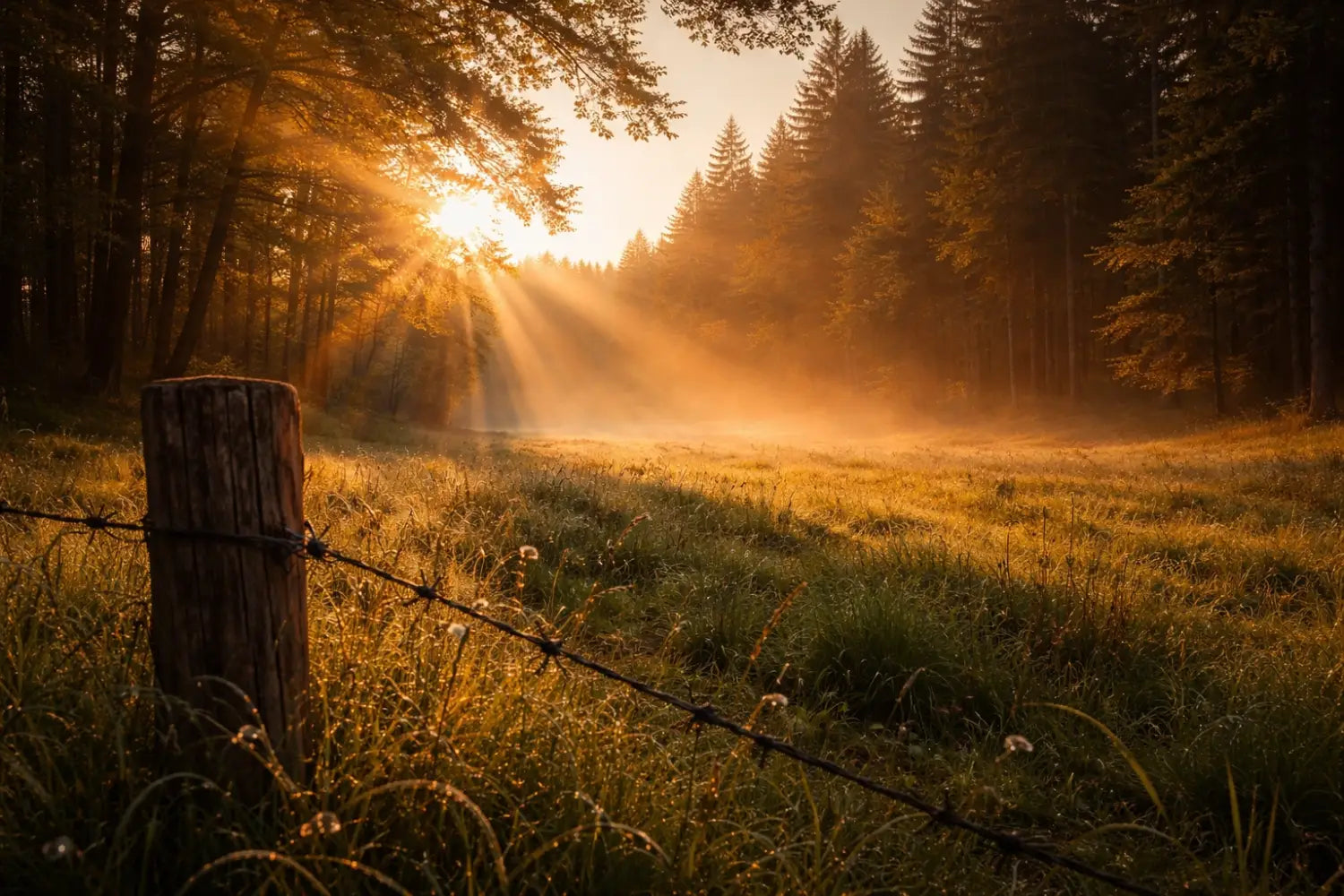 Sunrise over a misty meadow with a wooden fence, illustrating Christian stewardship of God's creation