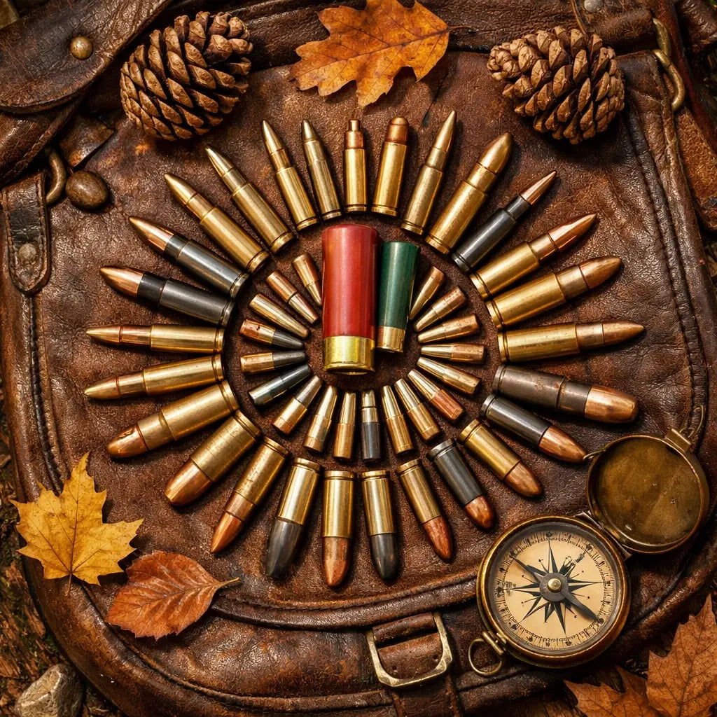 Different caliber hunting ammunition rounds displayed with vintage hunting gear and compass