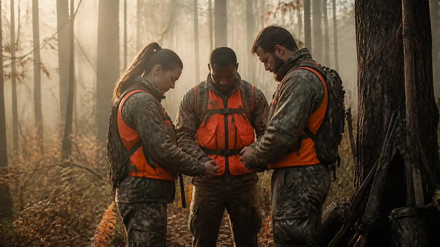 A group of hunters sharing a moment of prayer in the forest, highlighting the community aspect of the outdoor experience.