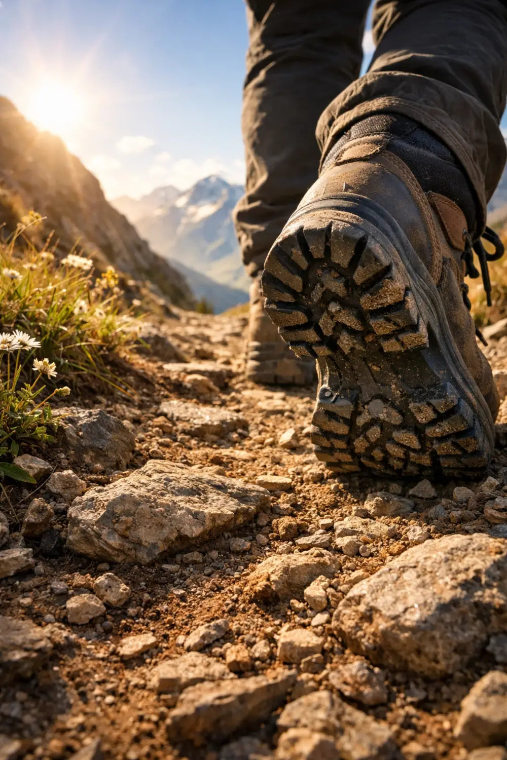 Close-up of hiking boots stepping onto a rugged mountain trail toward sun-lit peaks.