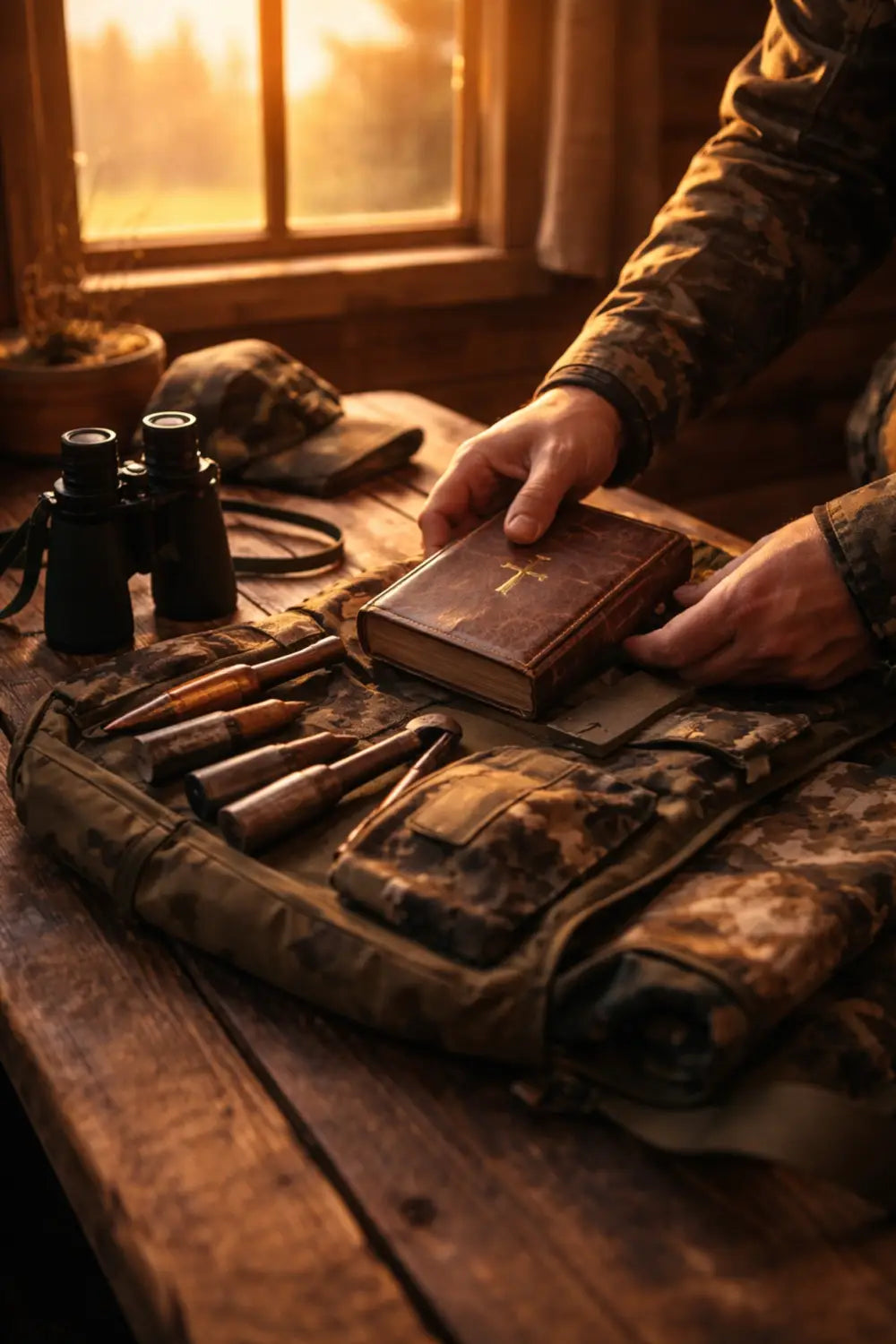 Hunter organizing scouting gear, turkey vest, and Bible at dawn, showing faith-filled hunting preparation outdoors
