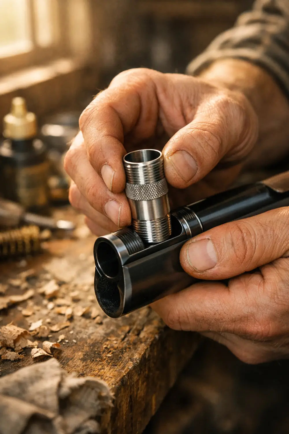 Hunter installing choke tube in shotgun barrel for precision shooting