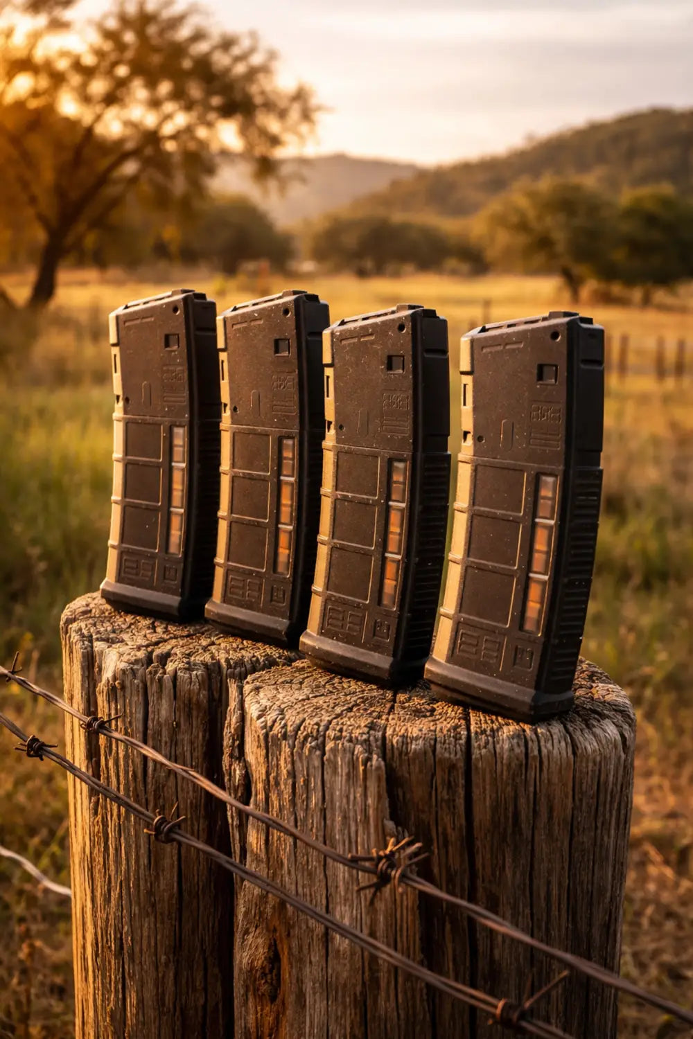 Magpul PMAG magazines displayed on a fence post at a shooting range during sunset in the countryside