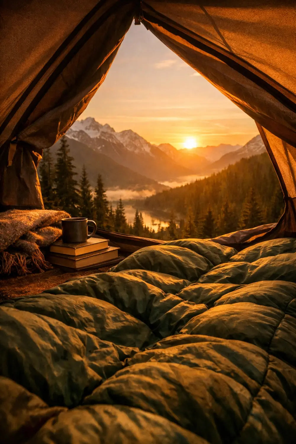Cozy sleeping bag in a tent with a mountain sunrise, essential gear for faith-fueled camping rest.