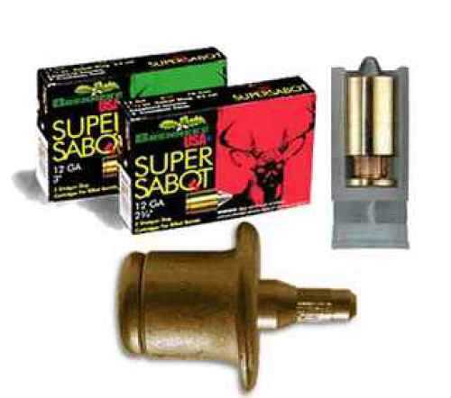 Brenneke 12 Gauge 3 1 oz Lead #Sabot Slug, 5-round box, features deer-themed packaging, a close-up of the rifled slug, and a transparent casing to reveal the internal structure—perfect for big game hunting.