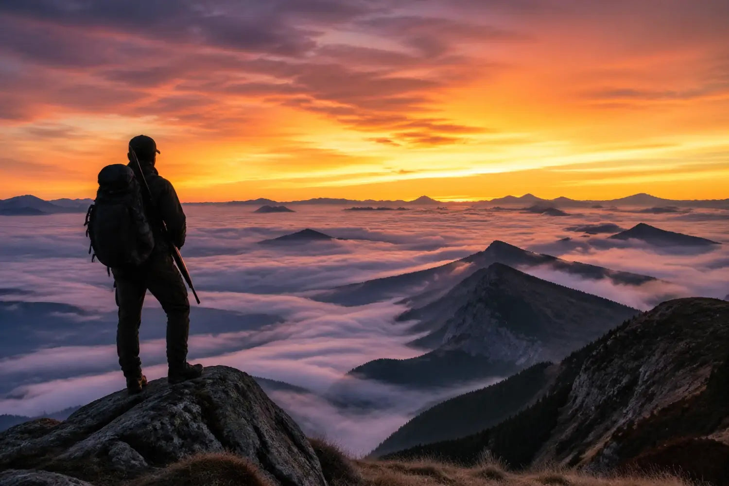 Hunter with a rifle standing on a mountain peak at dawn, overlooking a vast wilderness landscape.