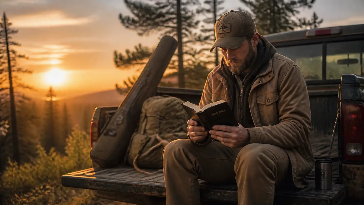 A person sitting on the tailgate of a truck in the forest at sunrise, reading a Bible with their gear nearby.