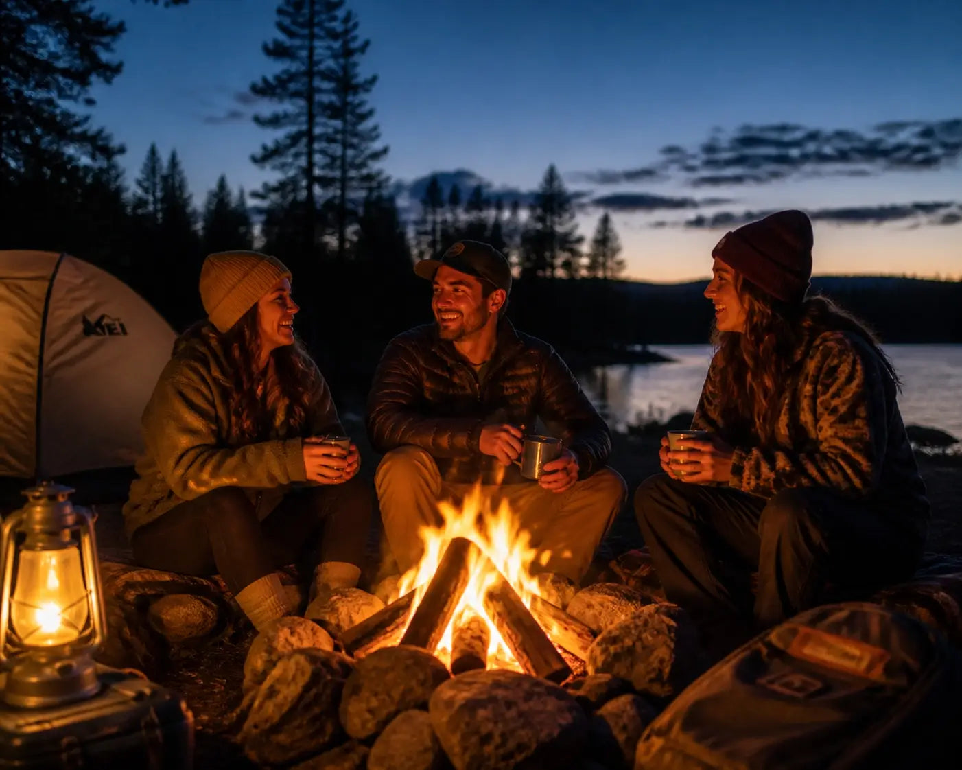 Friends enjoying fellowship around a campfire at twilight, representing Christian community.