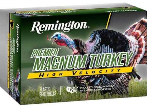 Remington Premier High-Velocity Magnum Turkey 12 Gauge 3 1-3/4 oz #5 shot, box of 5. Packaging features a wild turkey image with bold green, yellow, and white text. Model: PHV12M5A.