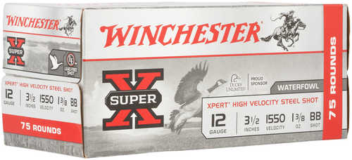 A box of Winchester 12 Gauge Ammo, 3.5, 1 3/8 oz Lead #BB, labeled for waterfowl hunting, features a flying waterfowl illustration; contains 75 rounds.