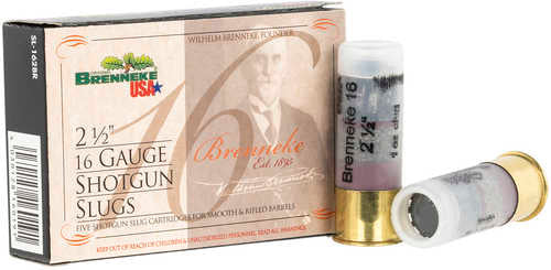 A box of Brenneke 16 Gauge 2.5 1 Oz Slug Shot shells (5 per box) is shown, with two shells standing beside it. The box displays details like gauge, shell length, and slug type.