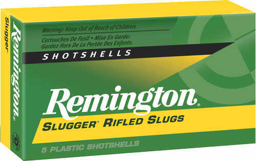 A yellow and green Remington Slugger 12 Gauge 2.75 In 1560 FPS Slug Ammo Box by Remington contains 5 rifled slug shotshells, with warnings and product details printed on the packaging.