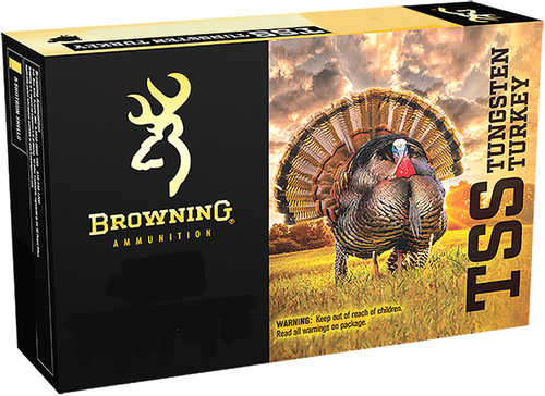 Box of Browning TSS Turkey 410 Gauge 3 13/16 oz #9 Shot Tungsten Super 1100 fps Ammo (5 Rounds), featuring a large turkey at sunrise and the Browning logo, with text highlighting the Tungsten Super Shot name.